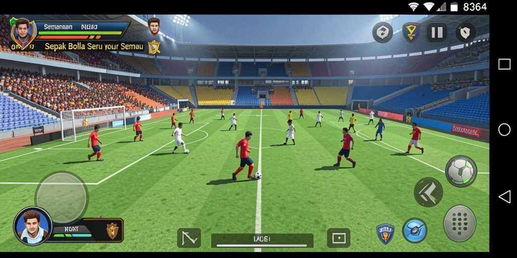 Screenshot gameplay 8364 menunjukkan aksi sepak bola yang menegangkan.