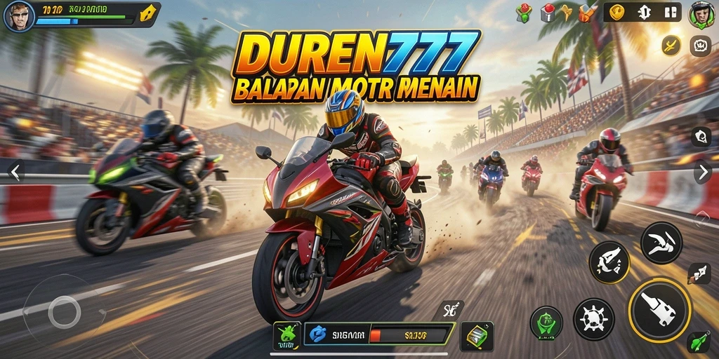 Screenshot utama DUREN777 mengungkapkan aksi balapan motor yang dinamis.