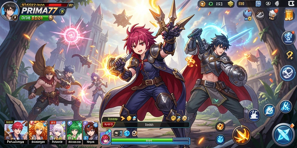 Screenshot PRIMA77 menunjukkan pertempuran karakter dalam dunia Anime yang penuh warna.
