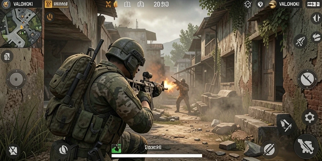 Tampilan gameplay penuh aksi dalam VALOHOKI menunjukkan pertempuran mendebarkan.